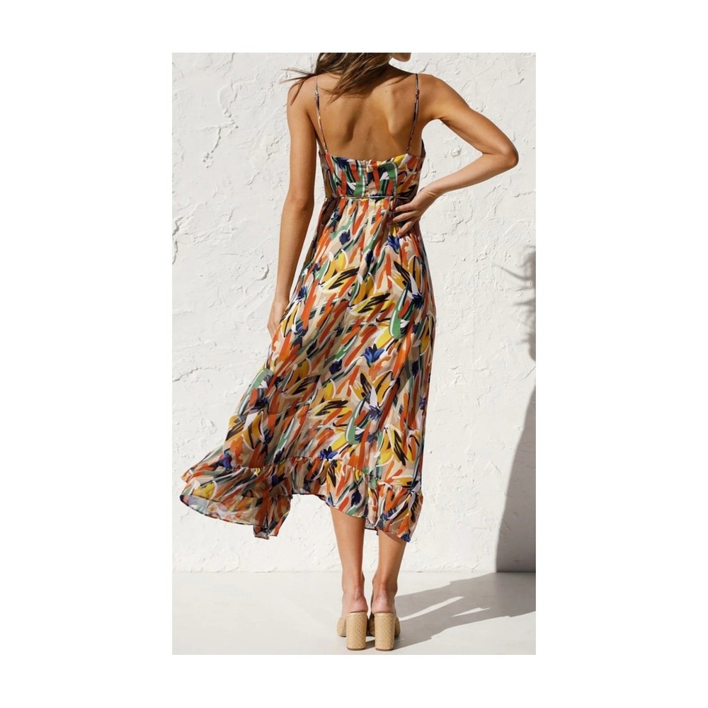 Commense Abstract Print Maxi Dress Orange Green Blue Ruffle Hem NWT Large - Picture 3 of 16